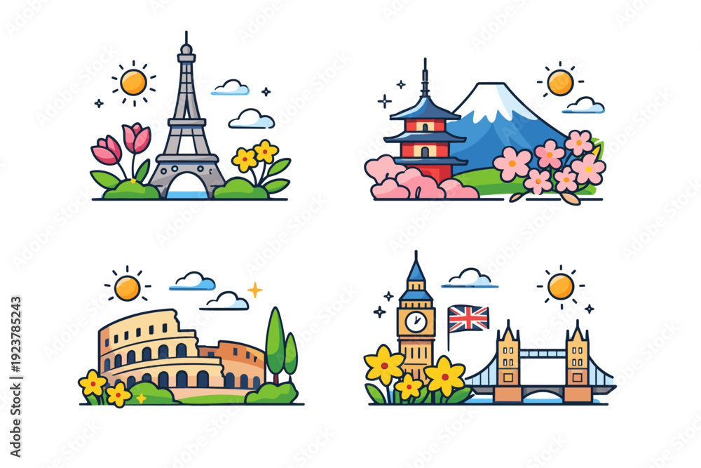 Naklejka premium Spring travel destinations iconic landmarks surrounded by blooming nature and soft sunshine, conveying the excitement of seasonal trips and fresh discoveries.