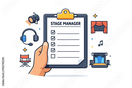 Stage manager?s clipboard held confidently backstage with a clean checklist, headset icon and small stage symbols arranged around it. The