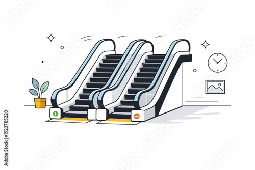Escalators empty. Empty escalator in a quiet indoor space, soft lighting and long shadows suggesting stillness. Peaceful architectural moment with subtle