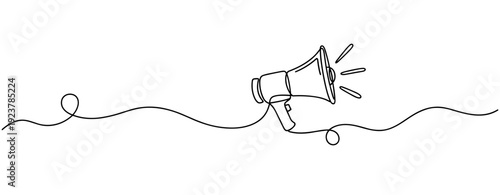 Continuous line drawing of a megaphone with sound waves on a white background. No editable stroke