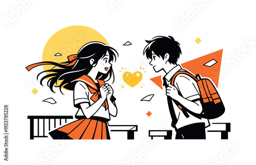 Rooftop Love Confession. First love confession. School rooftop scene with wind lifting hair and ribbons, heart