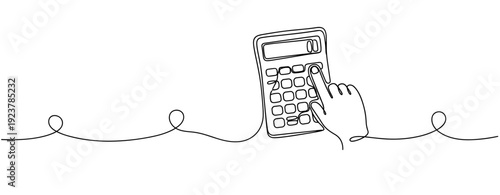 Continuous line drawing of calculator with hand pressing button. No editable stroke