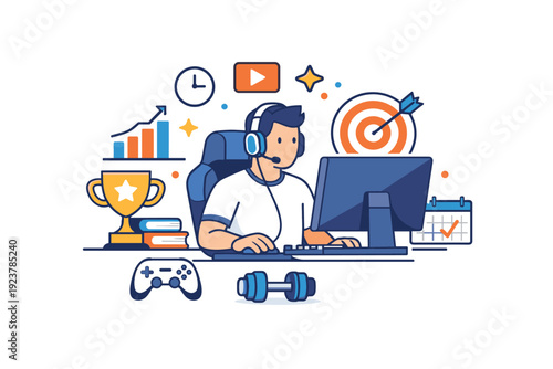 Professional gaming lifestyle illustrating dedication, training, and focus behind online competitions. A clean editorial illustration