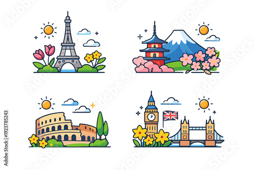 Spring travel destinations iconic landmarks surrounded by blooming nature and soft sunshine, conveying the excitement of seasonal trips and fresh discoveries.