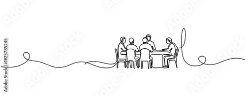 Continuous line drawing of diverse group engaged in meeting or discussion. No editable stroke