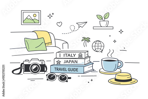 Home-based vacation mood. A living room transformed with travel books, camera, and a cup of coffee. The scene feels restful, intentional, and