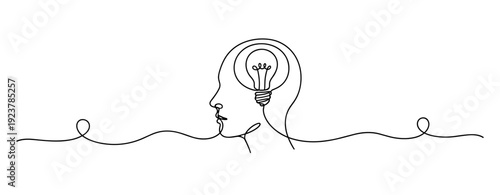 Continuous line art silhouette with light bulb symbolizing creative mind. No editable stroke