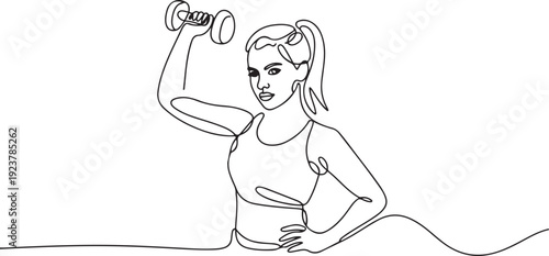 Single continuous line drawing a young woman poses while lifting dumbbell. As if there were muscles. Encouraging to be more active in sports. one line Icon drawing