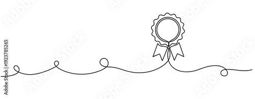 Continuous line drawing of ribbon award emblem on white background. No editable stroke