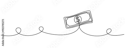 Minimalist continuous line drawing of dollar bill on twirling line. No editable stroke