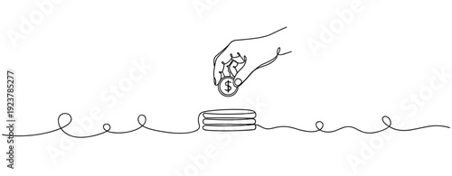 Continuous line art of hand placing coin on stack symbolizing investment and savings. No editable stroke
