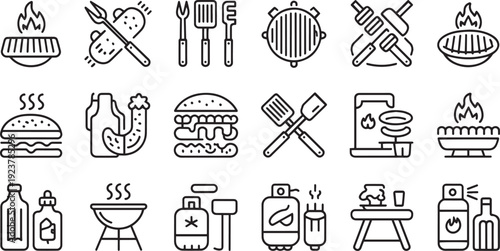 Collection of minimalist line art icons representing various barbecue and grilling elements for outdoor cooking and summer activities