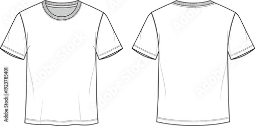 Blank white unisex tee shirt vector mockup template featuring front and back views for technical clothing design flat fashion sketches