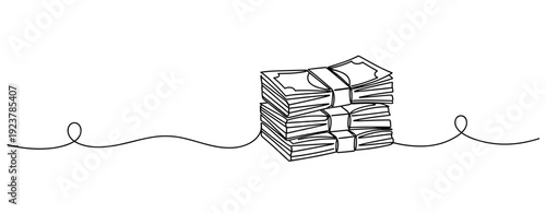 Continuous line drawing of stacked paper money in black and white. No editable stroke