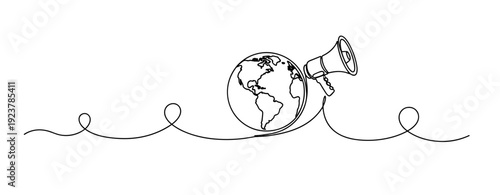 Continuous line earth with megaphone highlighting global communication. No editable stroke