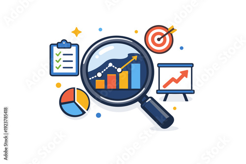 Data Analysis Visualization. Analytics weekly report visualized through a magnifying glass over simple charts, representing evaluation, pattern discovery and