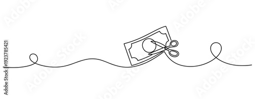 Continuous line drawing of scissors cutting money symbol. No editable stroke