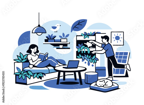 Sustainable interior design. Minimal room furnished with eco materials, plants integrated