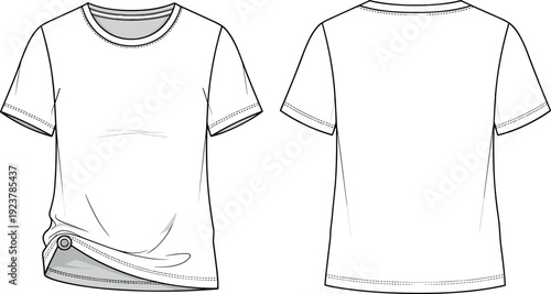 Blank white short sleeve tee technical fashion flat sketch vector illustration showing front and back views for clothing design mockups.
