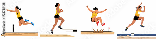Dynamic female athletes showcasing various track and field jumping events: high jump, long jump, triple jump, and steeplechase in action.
