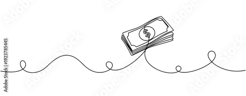 Minimalist continuous line drawing of dollar bills with spiral line. No editable stroke