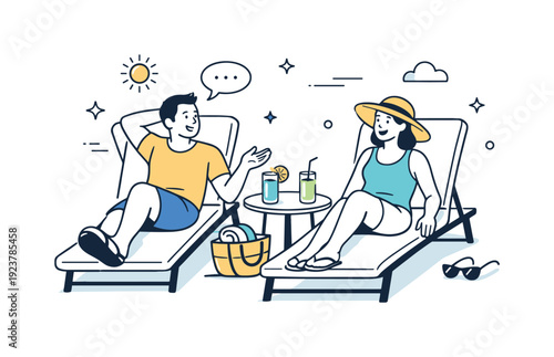 Relaxing on sun loungers. Two people resting side by side on loungers, light conversation and relaxed postures. Easy summer leisure and