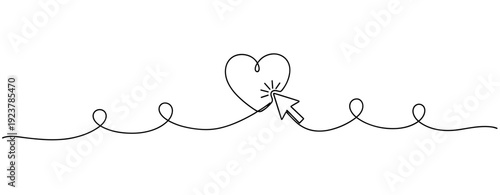 Minimalist heart icon with cursor in continuous line art style. No editable stroke