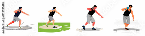 Dynamic illustrations of male shot putters executing powerful throws in various athletic settings, showcasing strength and concentration in track and field.
