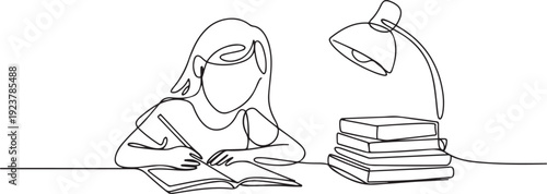 Continuous one line drawing girl studying on table with study lamp and pile of books. Kid makes homework from school. Intelligent student concept. one line Icon drawing