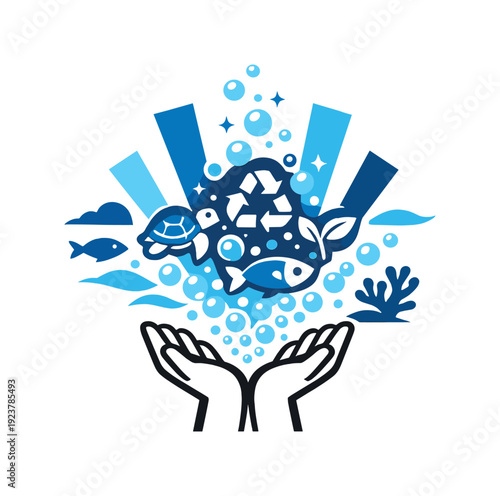 Oceanic Reverie. Clean oceans dreamscape. Hands releasing glowing plastic-free symbols that dissolve into