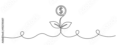 Line art money plant with dollar sign blossoming on minimalist stem design. No editable stroke
