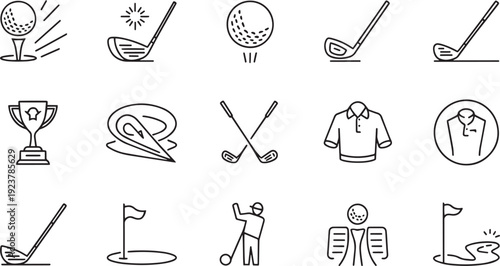 Collection of monochrome outline icons representing various golf equipment and activities for sport and leisure