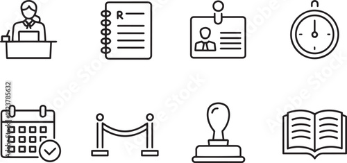 Collection of modern business and office related line art icons representing various administrative tasks and tools