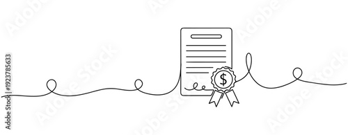 Line art of certified document with dollar sign ribbon icon. No editable stroke