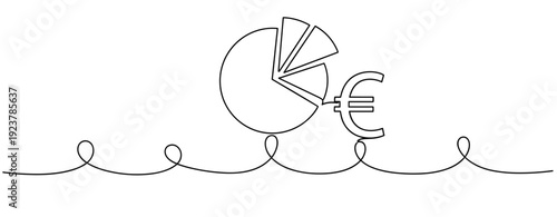 Minimalist graphical representation of pie chart with euro symbol in continuous line art. No editable stroke