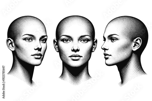 Human face halftone portrait androgynous face form depicted as one neutral human face object displayed in three orientations focusing on