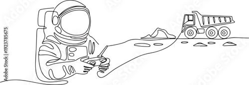 One continuous line drawing of astronaut playing dump truck radio control in moon cosmic galaxy. Outer space hobby and lifestyle concept. one line Icon drawing