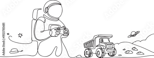 One continuous line drawing of astronaut playing dump truck radio control in moon cosmic galaxy. Outer space hobby and lifestyle concept. one line Icon drawing