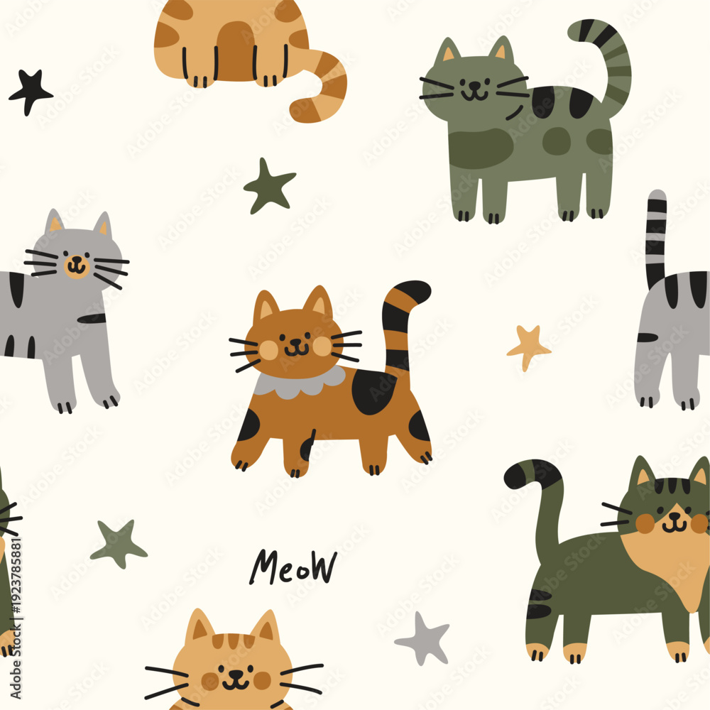 Naklejka premium Cute Hand-Drawn Cat Friends Seamless Background