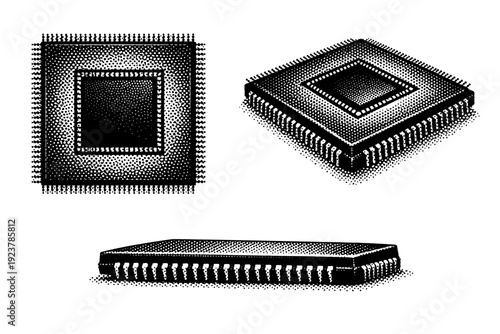Microchip object square integrated circuit chip with flat package, central die area, and fine pin grid, shown in top view, angled