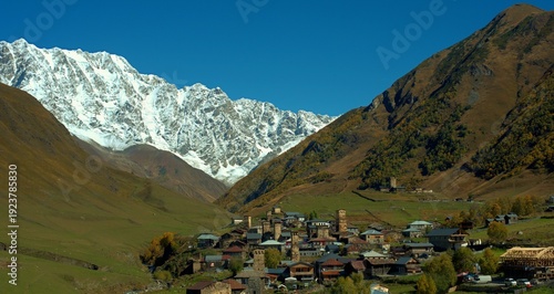 The small mountain village of Ushguli is located at the foot of Mount Shkhara. Caucasus Mountains. Georgia. Svaneti.