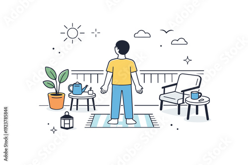 Balcony tidying rituals. A person pauses to look at a newly cleared balcony space, hands relaxed and posture open. The mood suggests completion and gentle