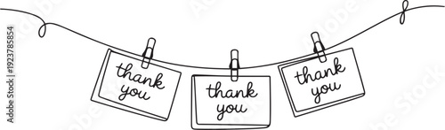A one line drawing of thank you notes hanging on a string with clips, expressing a business concept of shared appreciation and celebration of Thank You Day. one line Icon drawing