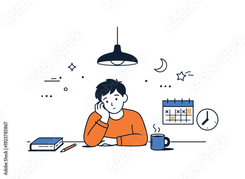 End-of-weekend feeling. A person sits quietly at a kitchen table, a dim pendant light above, gently transitioning from leisure to structure.