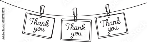 A one line drawing of thank you notes hanging on a string with clips, expressing a business concept of shared appreciation and celebration of Thank You Day. one line Icon drawing