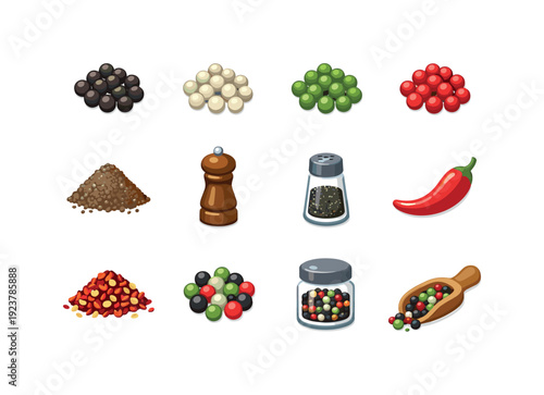 Pepper varieties. Colorful flat vector icons set of Pepper varieties: black peppercorns,