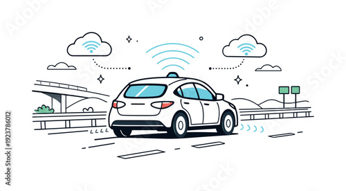 Autonomous vehicle driving on highway connected to cloud services and sensors