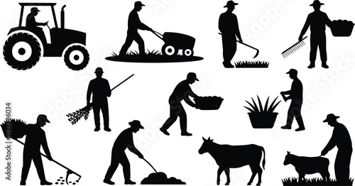 Farmers working with tools and animals in agricultural settings with tractor and plants