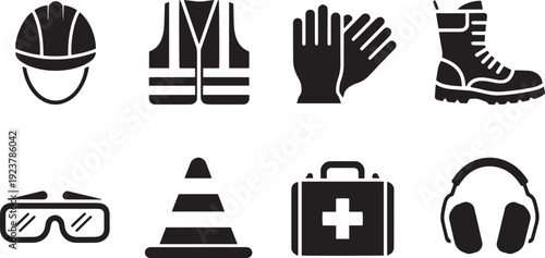 Collection of personal protective equipment icons for construction and industrial safety isolated on transparent background