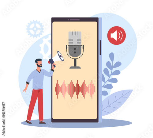 Voice control. Process of recording audio on smartphone, man with megaphone, voice communication, digital broadcasting and sound content, online message vector cartoon isolated concept